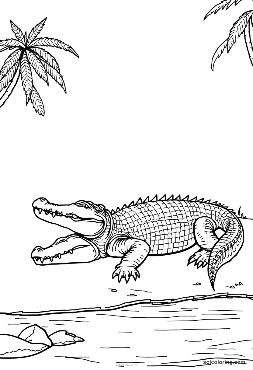 Nile Crocodile Basking on a Riverbank detailed coloring page for kids