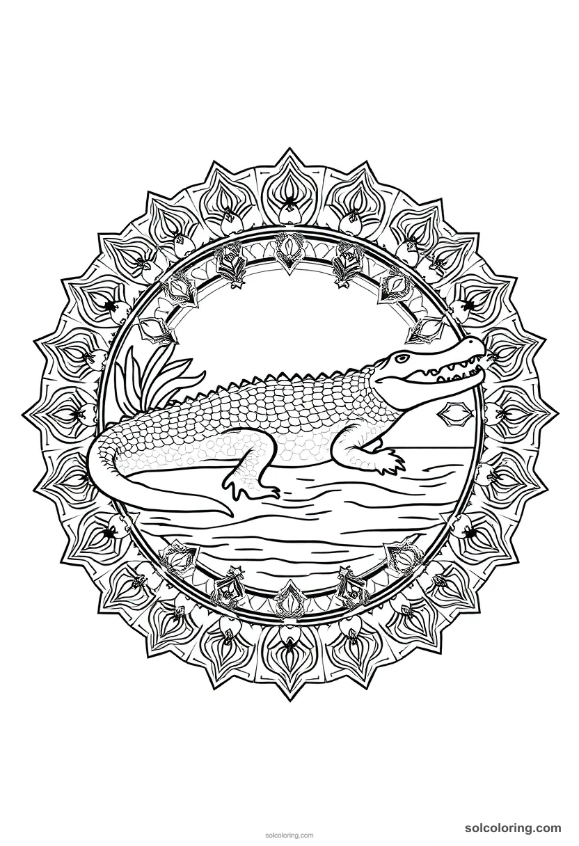 Mandala Nile Crocodile Basking on a Riverbank mandala coloring page for kids