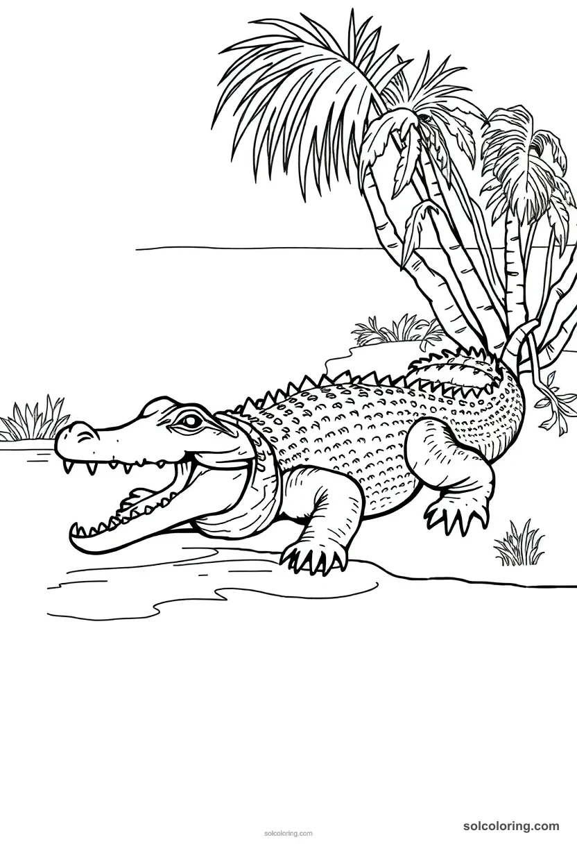 Nile Crocodile Basking On A Riverbank coloring pages