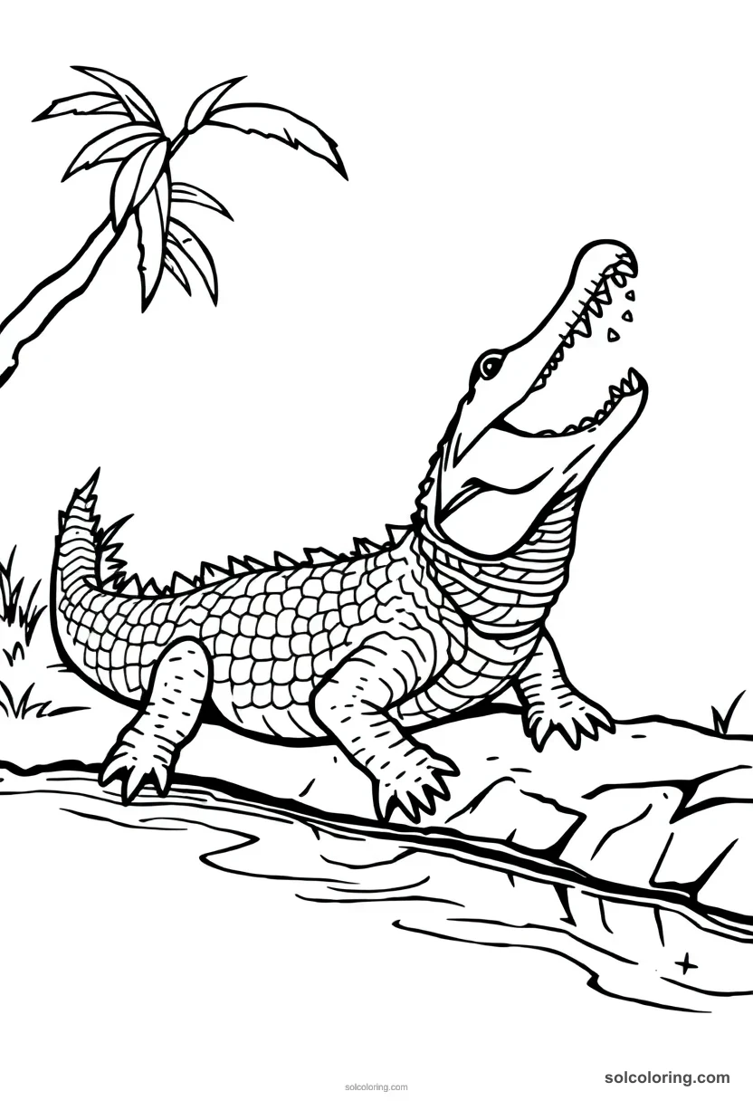 Simple Nile Crocodile Basking on a Riverbank simple coloring page for kids