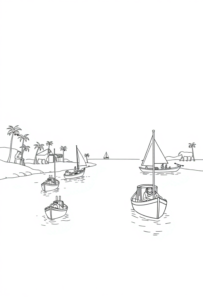 Nile River with Egyptian Boats coloring page, free printable