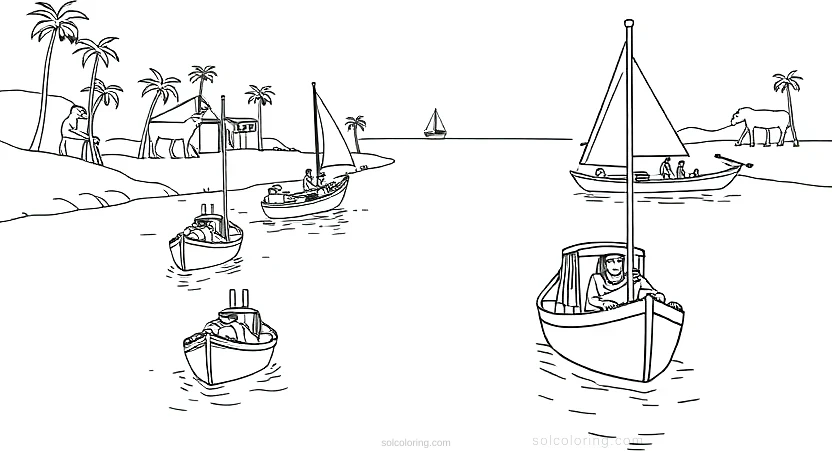 Nile River with Egyptian Boats coloring page for kids
