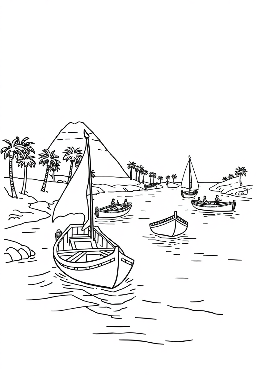 Nile River with Egyptian Boats coloring page, free printable