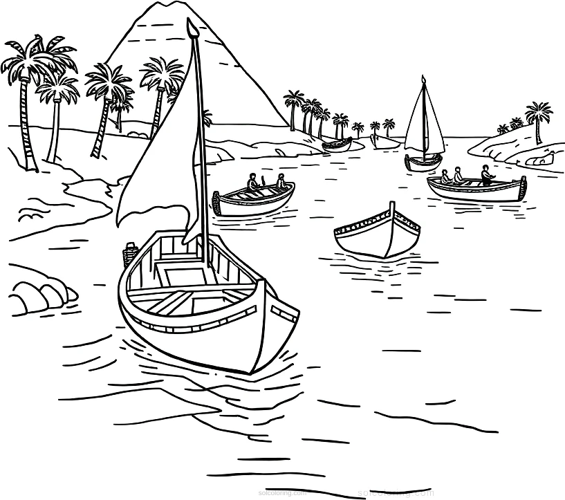 Nile River with Egyptian Boats coloring page for kids