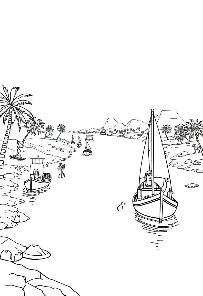Nile River with Egyptian Boats coloring page, free printable