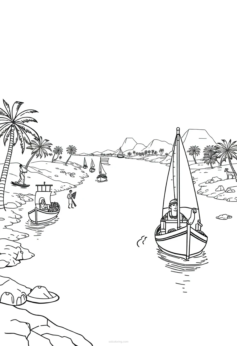 Nile River with Egyptian Boats coloring page for kids