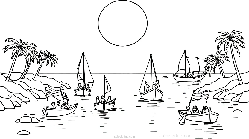 Nile River with Egyptian Boats coloring page for kids