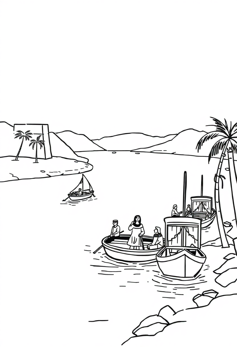 Nile River With Egyptian Boats coloring pages