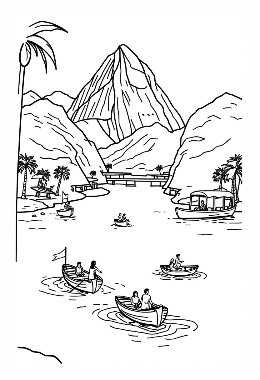 Nile River with Egyptian Boats coloring page, free printable