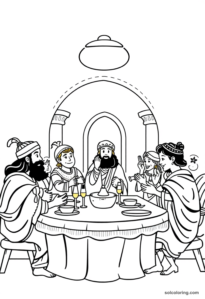 Cute cartoon ancient Egyptian nobles banquet coloring page with musicians, dancers, and feast scene with bold outlines