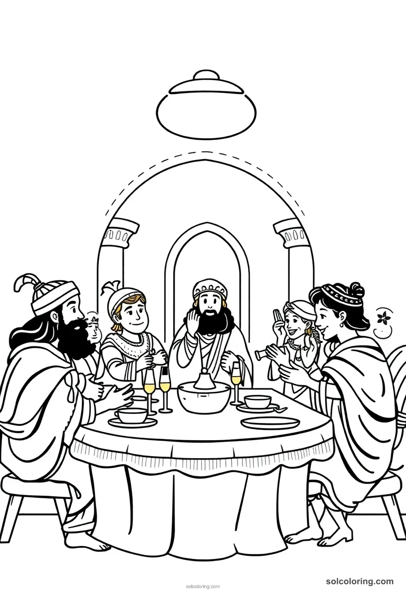 Cute Cartoon Nobles' Banquet with Musicians and Dancers cute cartoon coloring page for kids