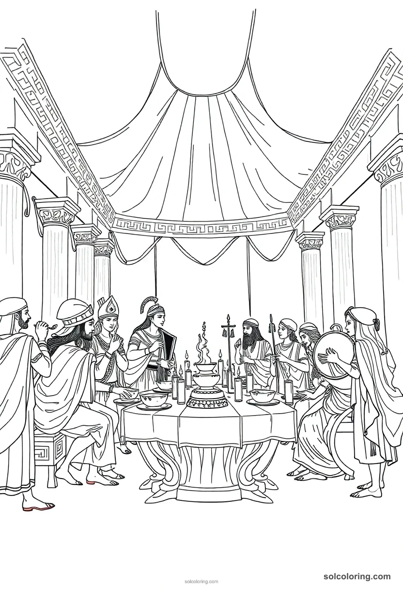 Nobles' Banquet with Musicians and Dancers detailed coloring page for kids