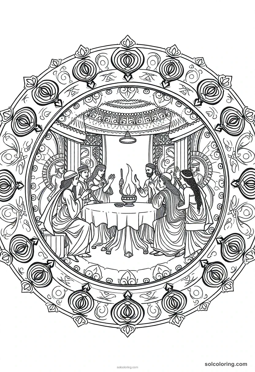Mandala Nobles' Banquet with Musicians and Dancers mandala coloring page for kids