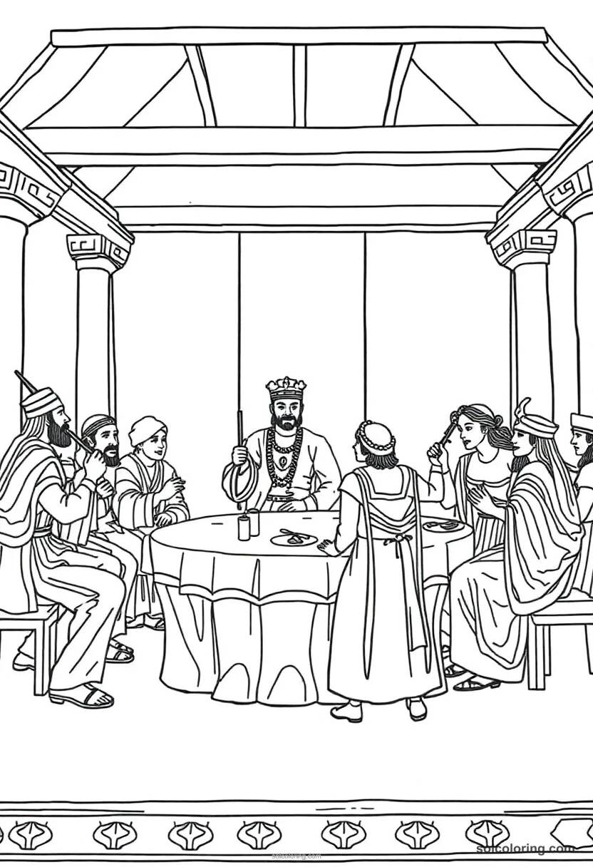 Simple Nobles' Banquet with Musicians and Dancers simple coloring page for kids