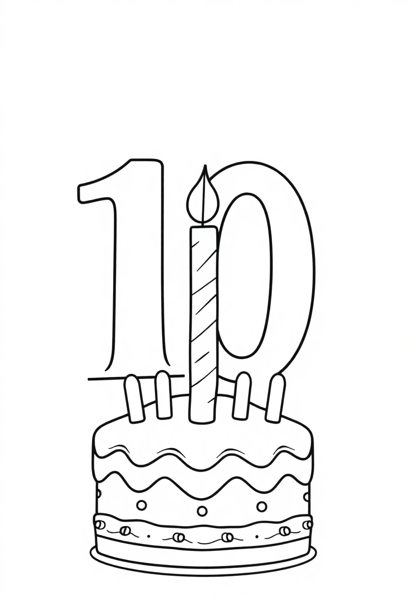 Number 10 with Birthday Cake coloring page for kids
