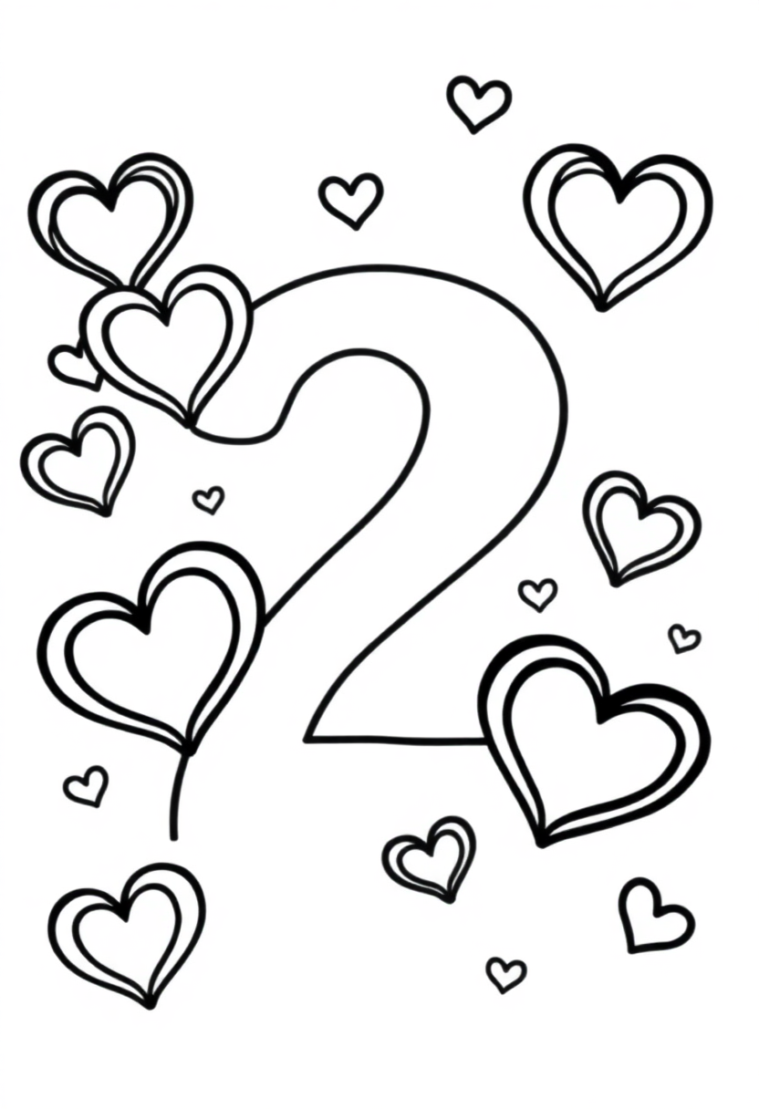 Number 2 with Hearts coloring page for kids