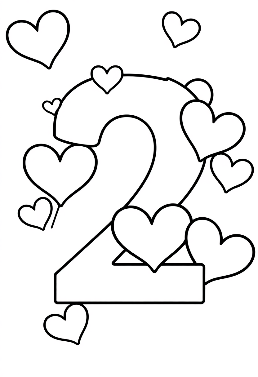 Number 2 with Hearts coloring page for kids