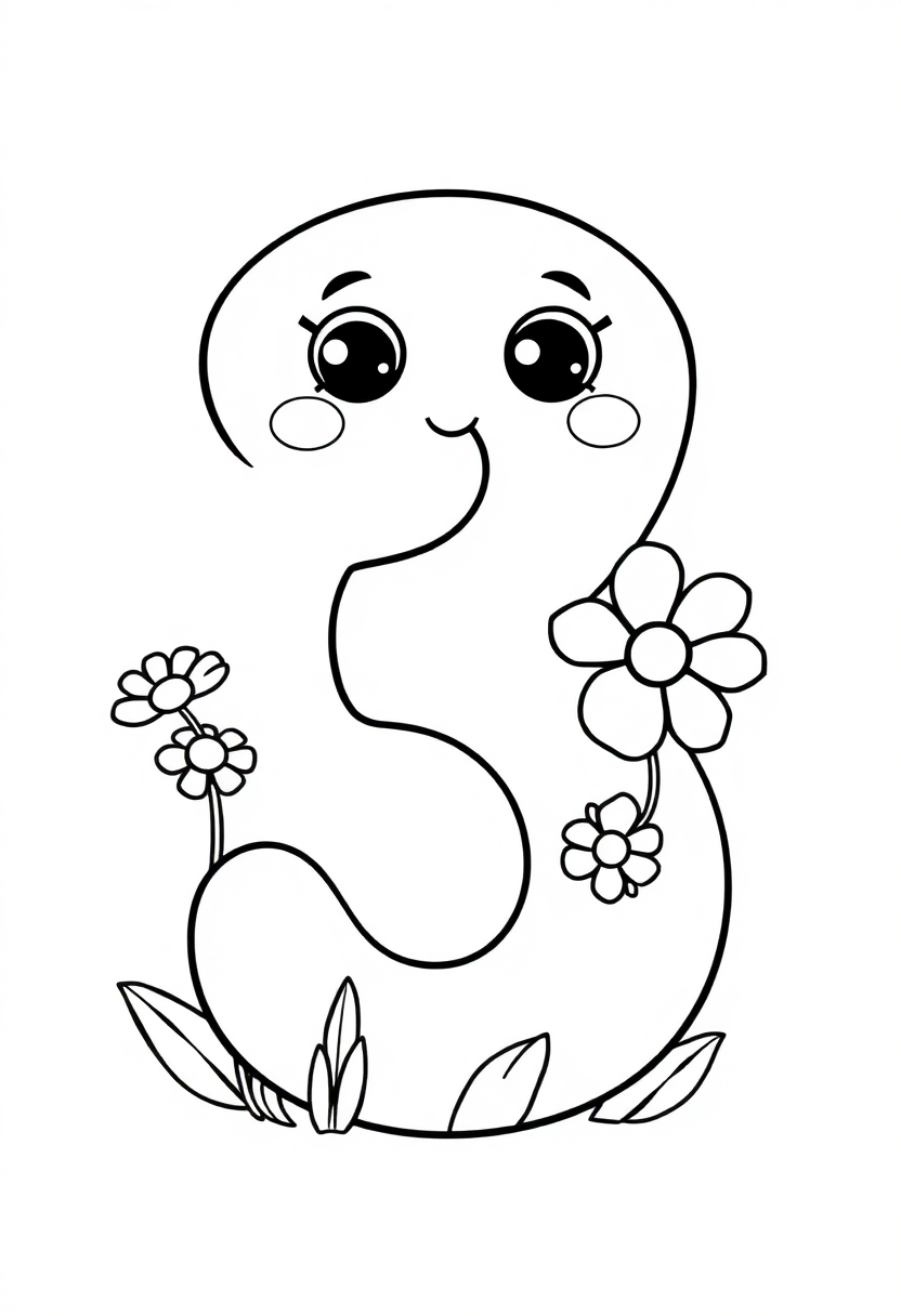 Number 3 with Flowers coloring page for kids