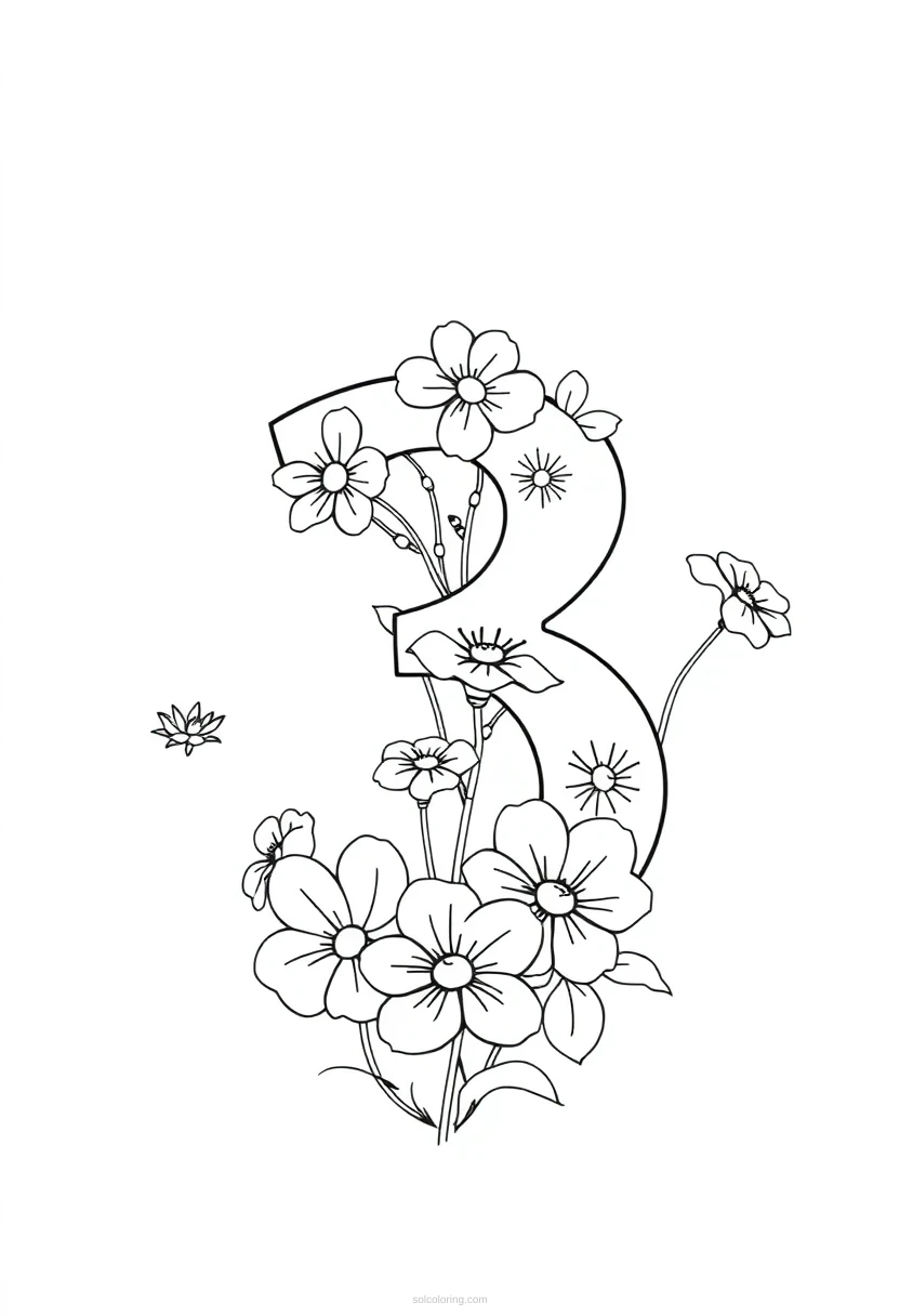 Number 3 with Flowers coloring page for kids