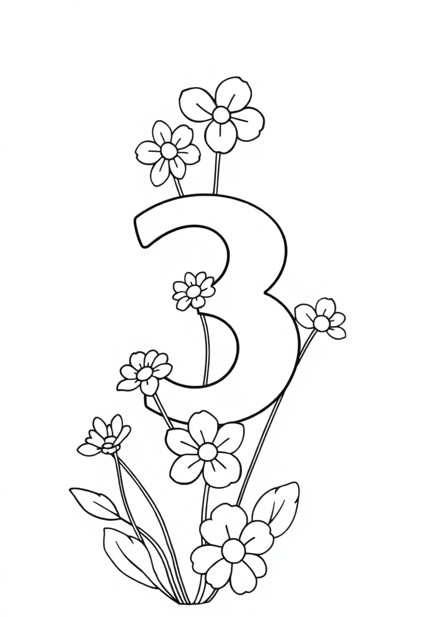 Number 3 with Flowers coloring page for kids