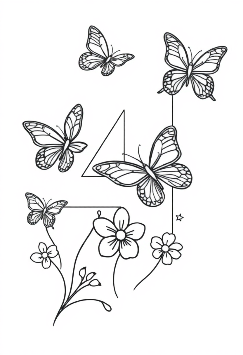 Number 4 with Butterflies coloring page for kids