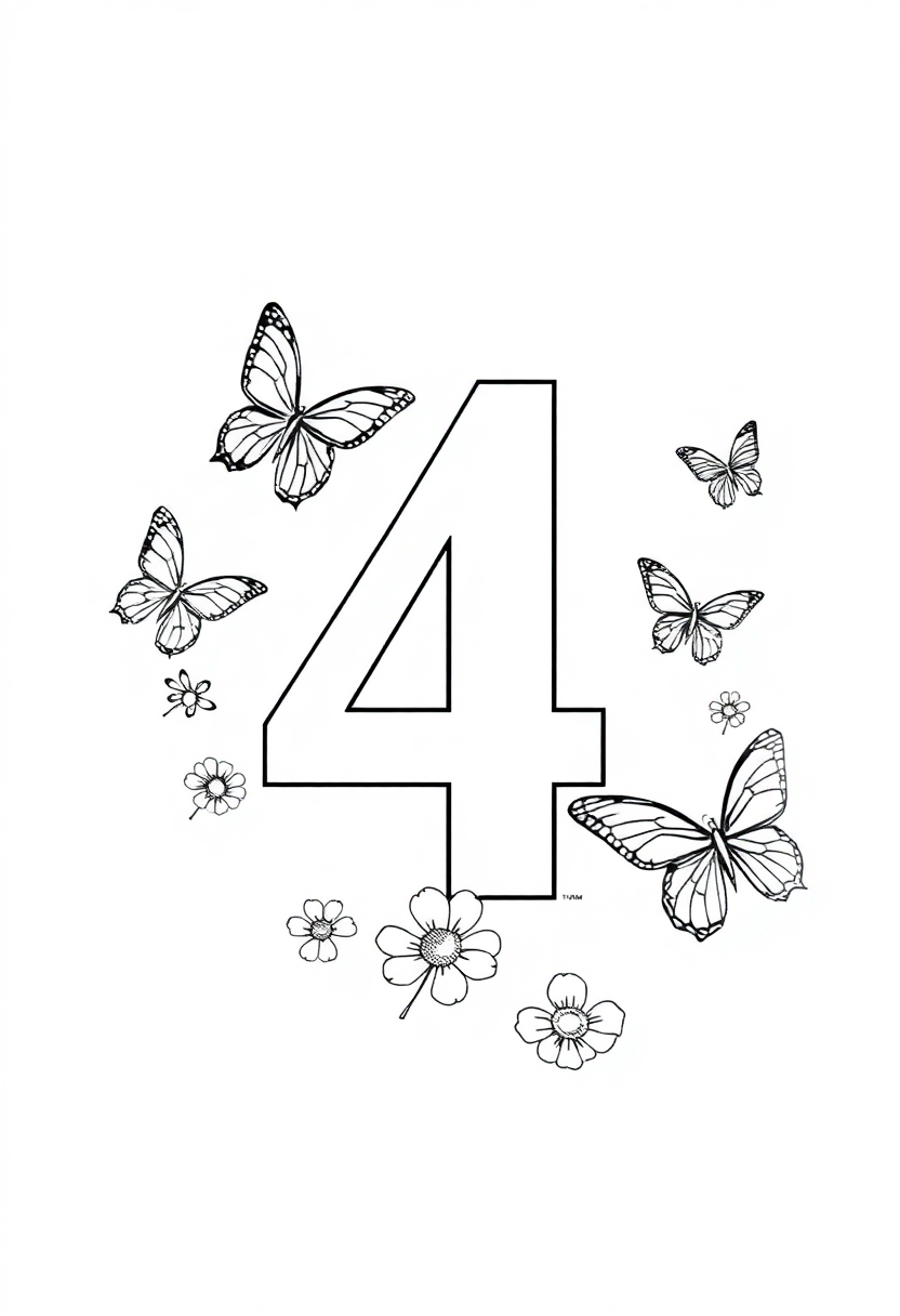 Number 4 with Butterflies coloring page for kids