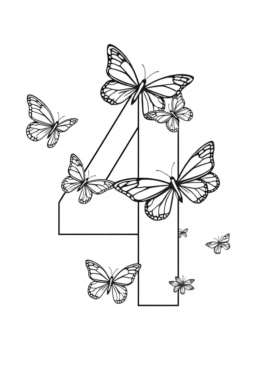 Number 4 with Butterflies coloring page for kids