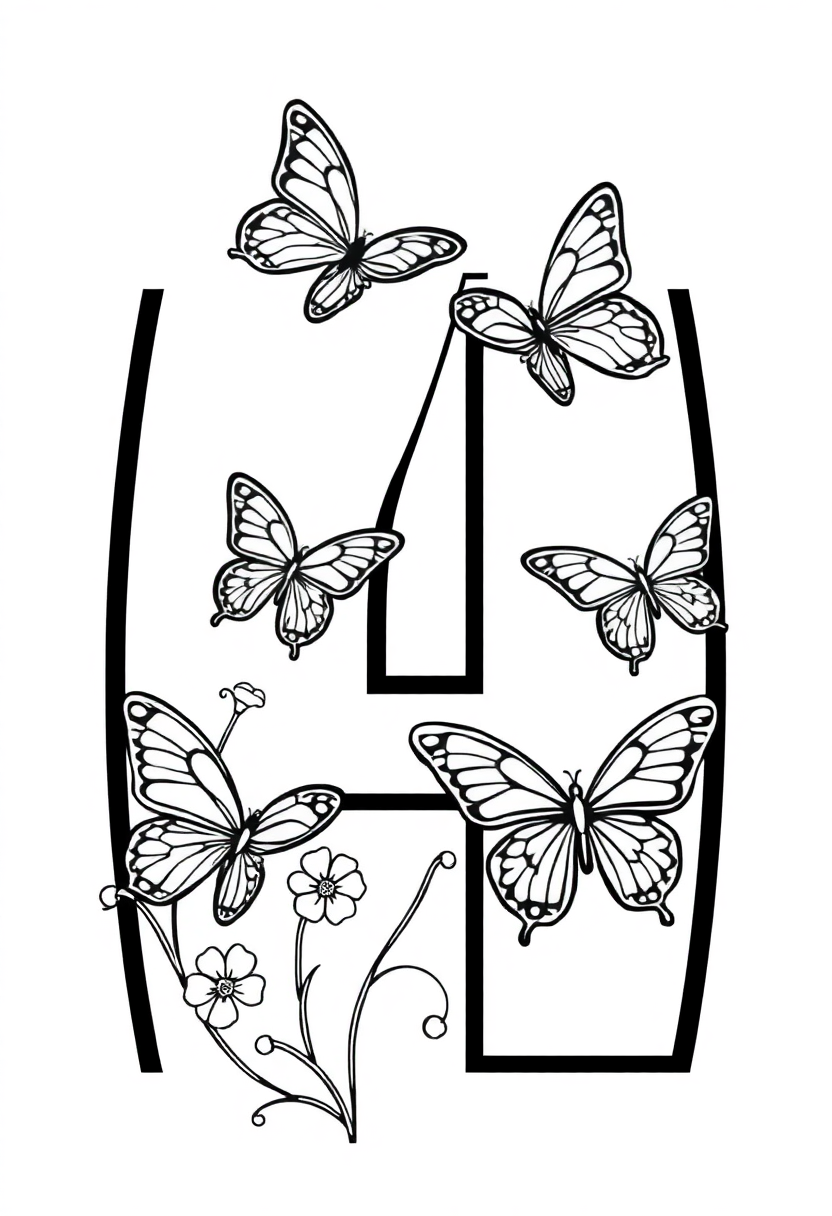 Number 4 With Butterflies coloring pages