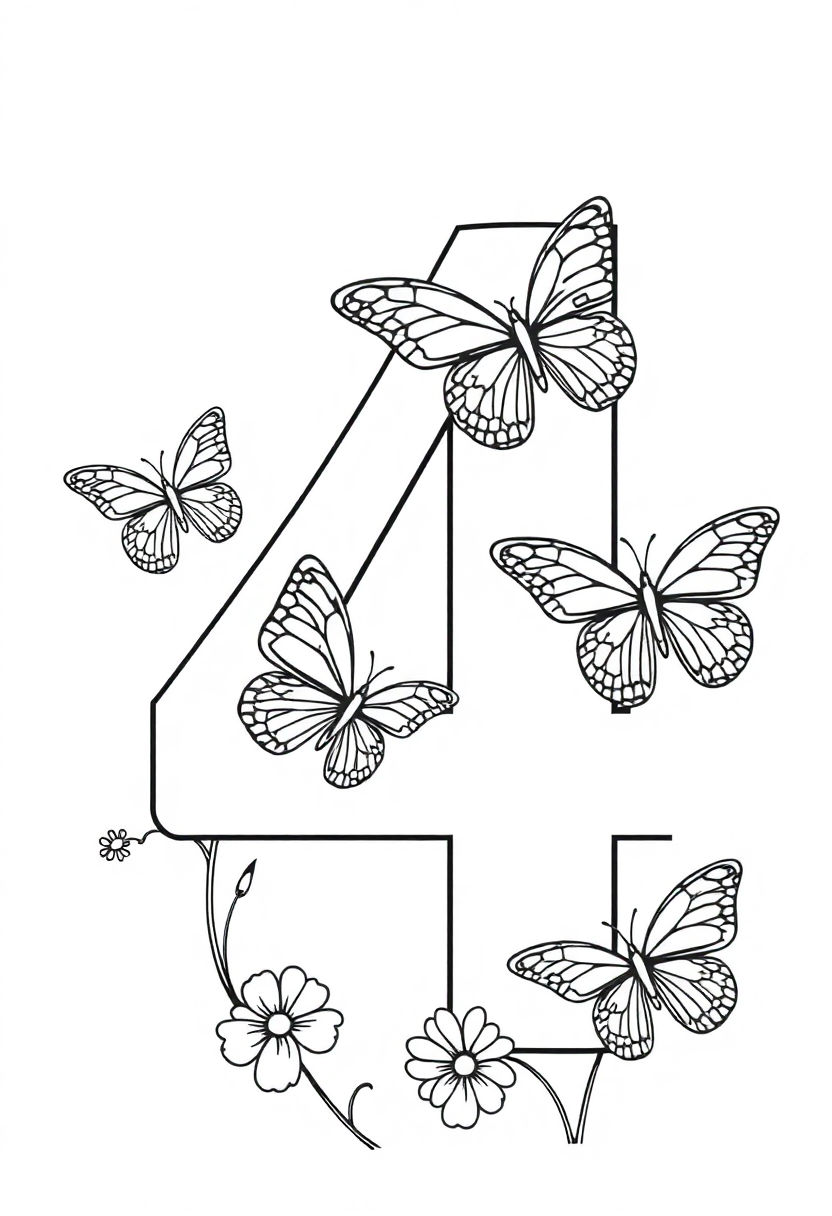 Number 4 with Butterflies coloring page for kids