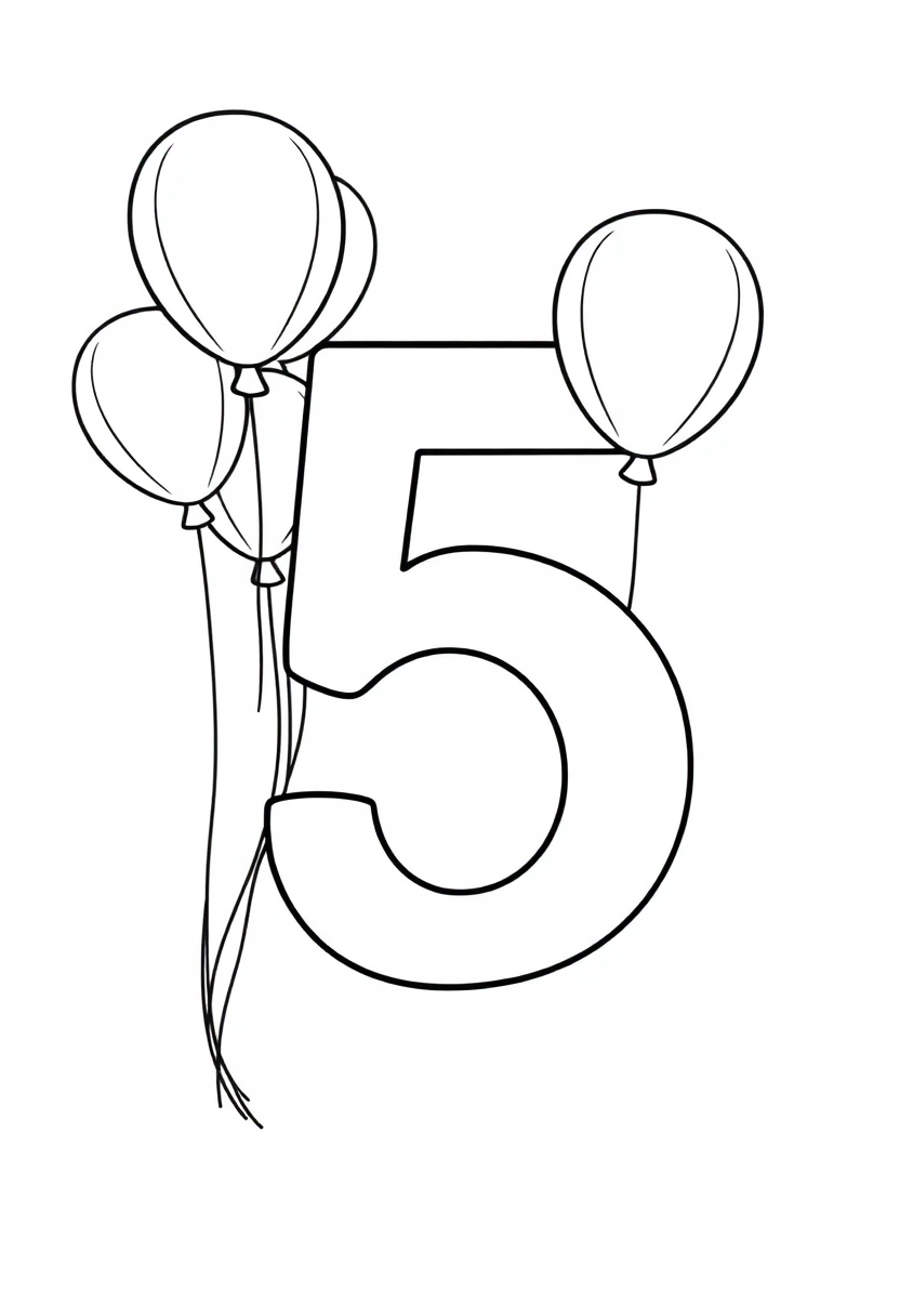 Number 5 with Balloons coloring page for kids