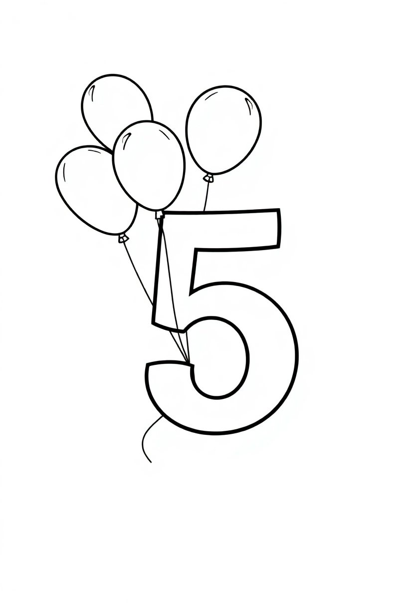 Number 5 with Balloons coloring page for kids