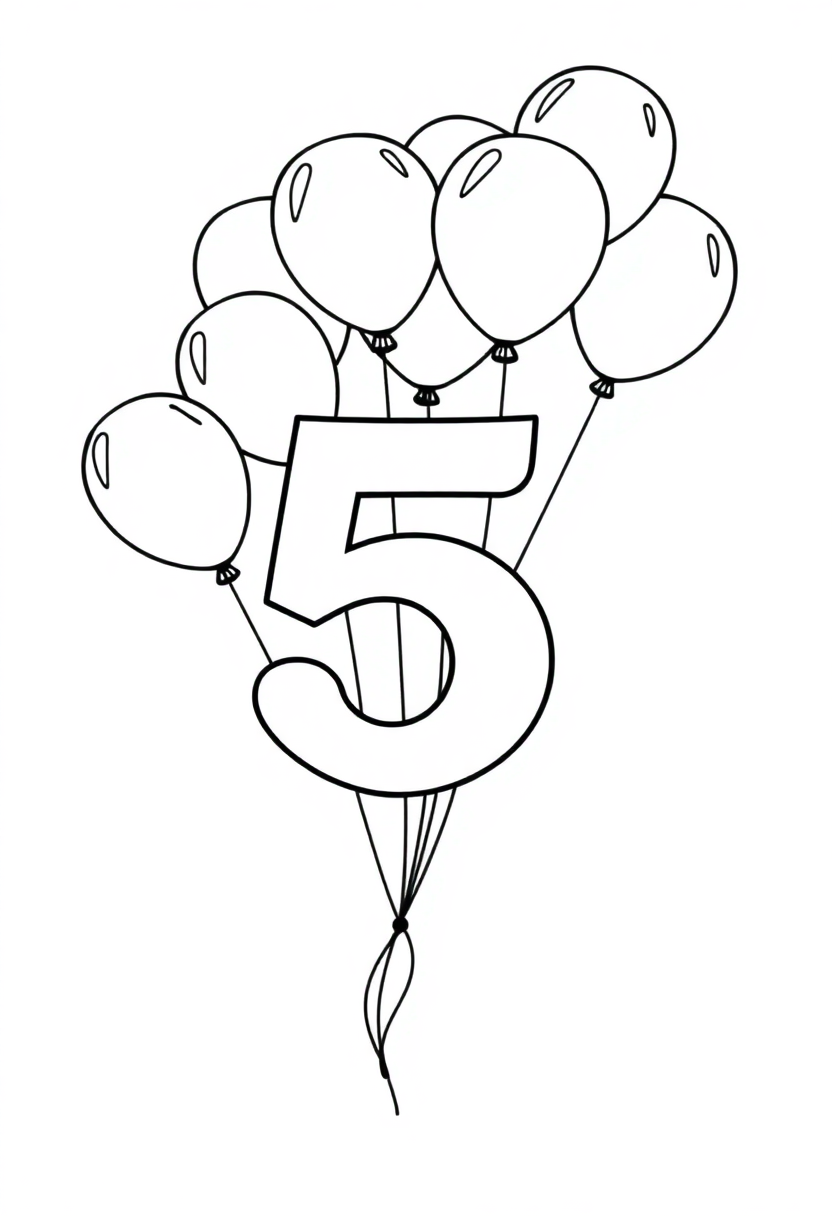 Number 5 with Balloons coloring page for kids