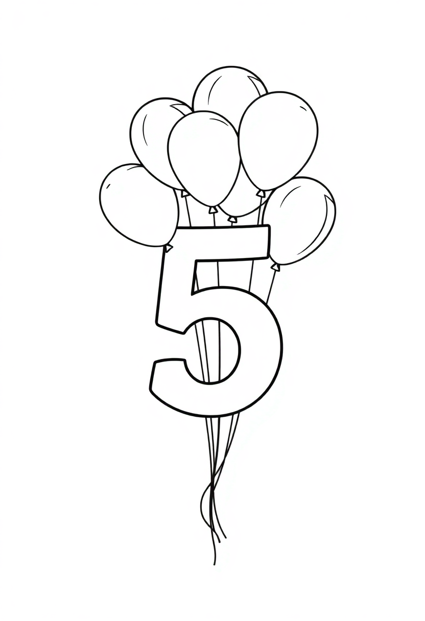 Number 5 with Balloons coloring page for kids