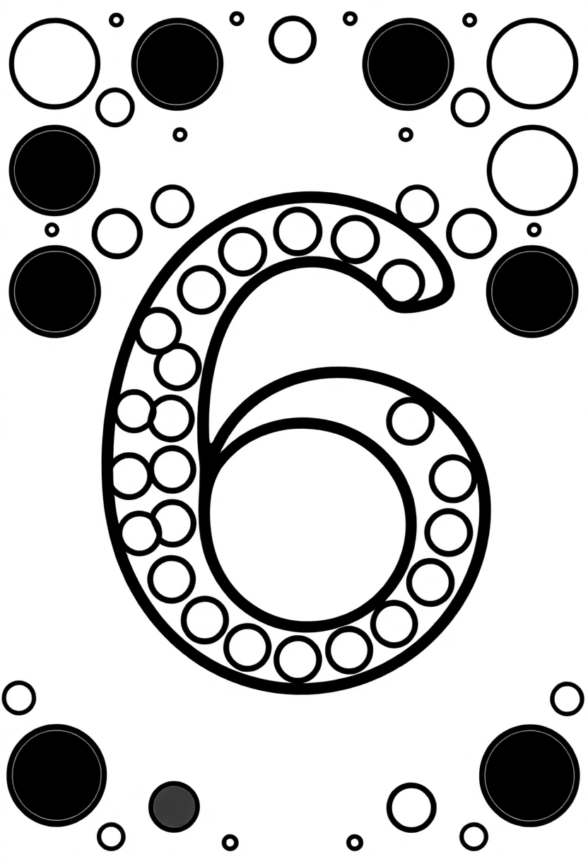 Number 6 with Dots and Circles coloring page for kids
