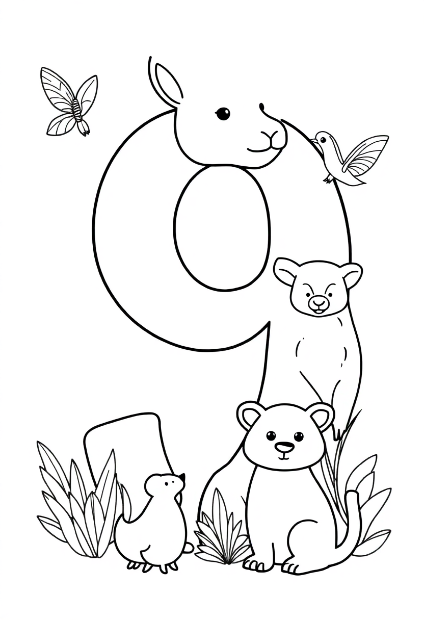 Number 9 with Animal Outlines coloring page for kids