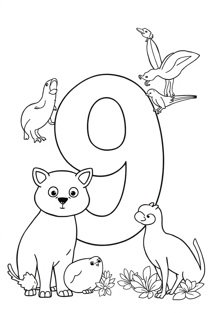 Number 9 With Animal Outlines coloring pages
