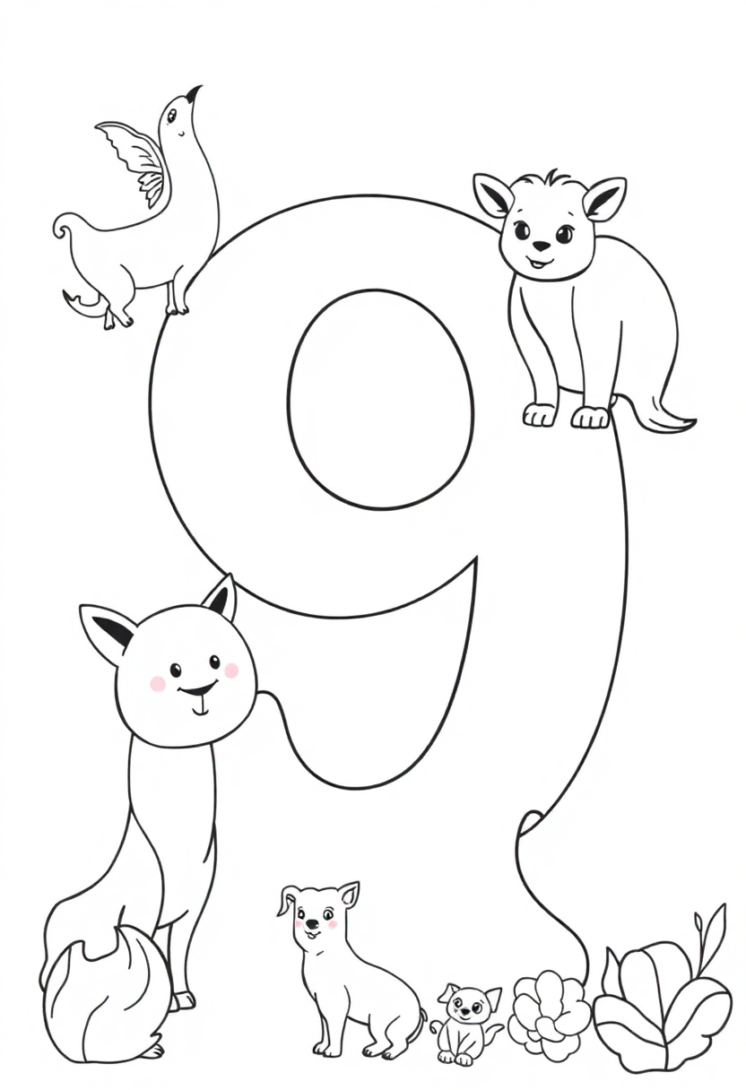 Number 9 with Animal Outlines coloring page for kids