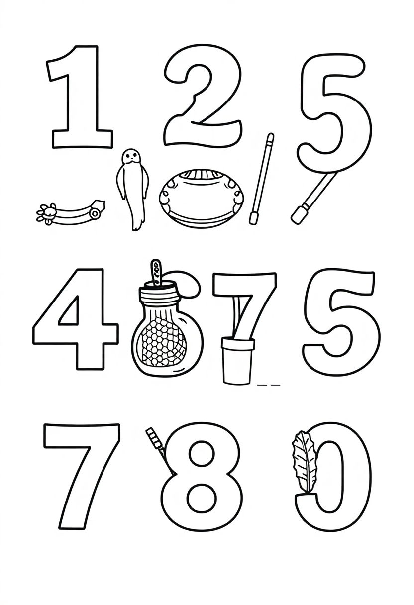 Numbers 1-10 with Objects coloring page for kids