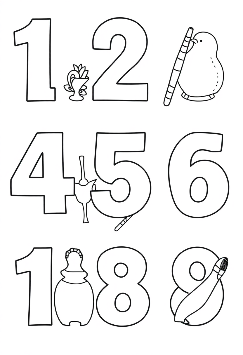 Numbers 1-10 with Objects coloring page for kids