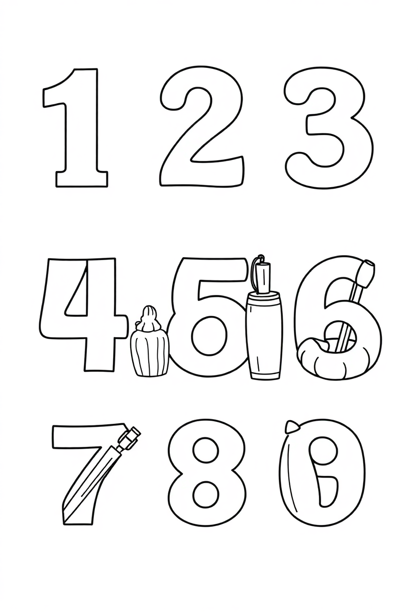 Numbers 1-10 with Objects coloring page for kids