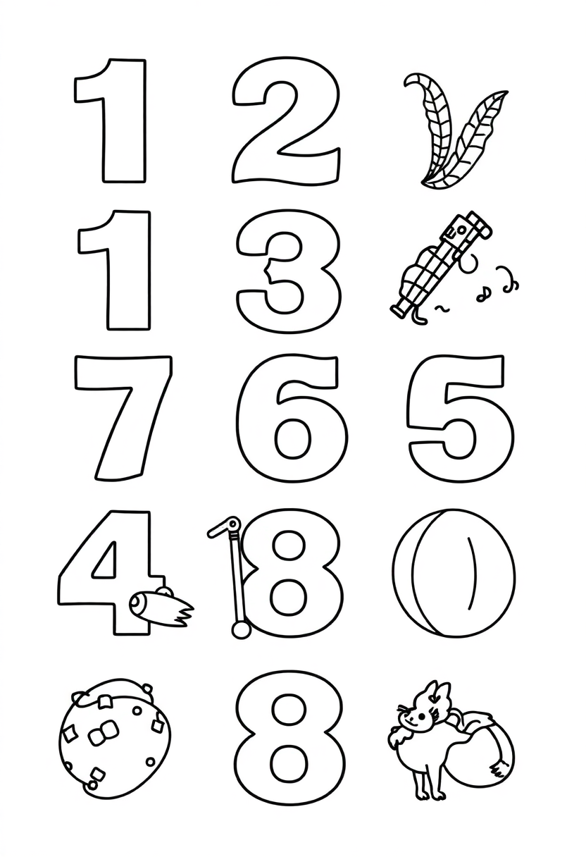 Numbers 1-10 with Objects coloring page for kids