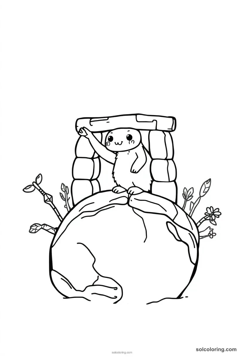 Cute Cartoon Nut Arching Over the Earth cute cartoon coloring page for kids