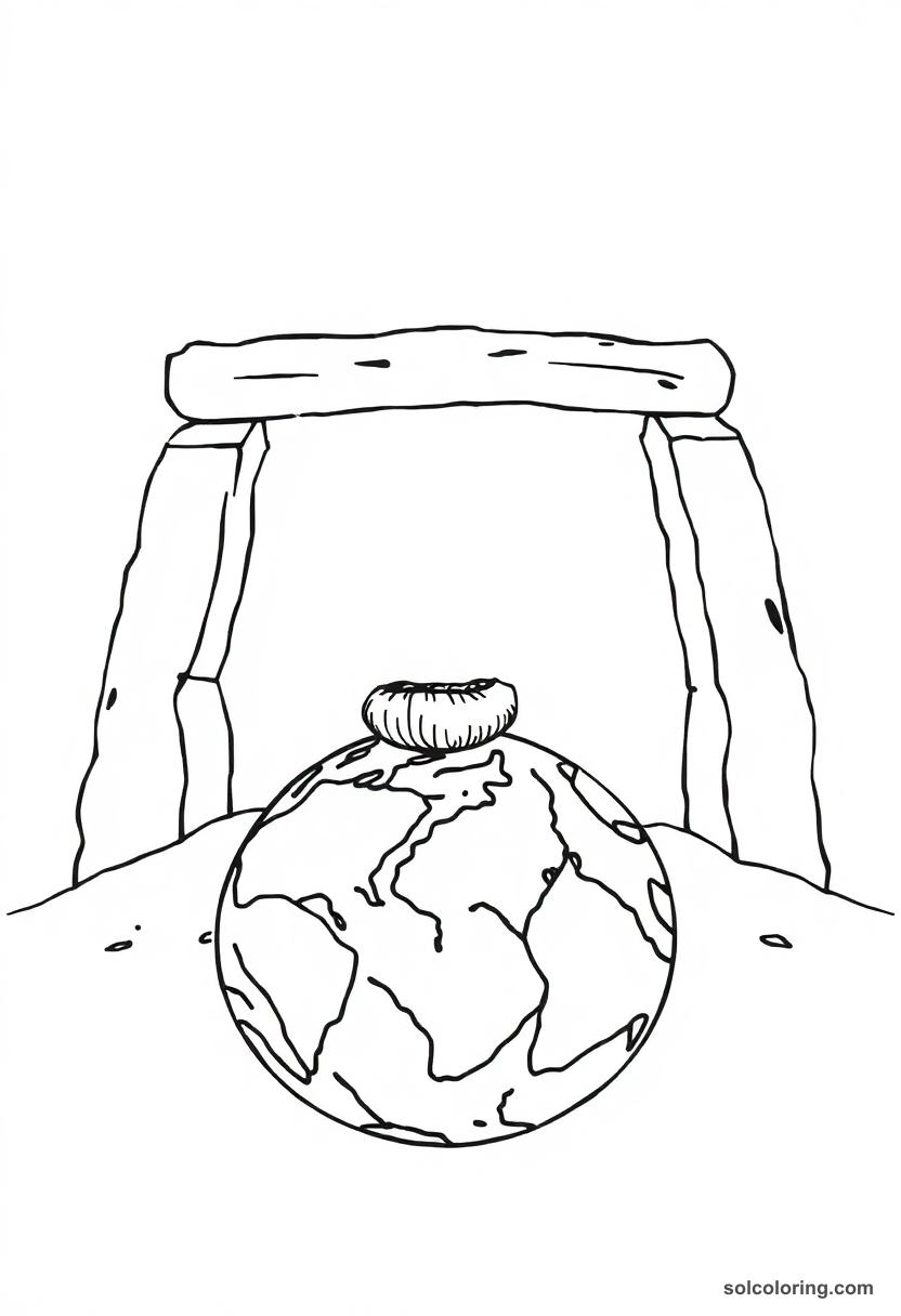 Simple coloring page showing Egyptian goddess Nut arching over Earth with bold outlines for kids to color