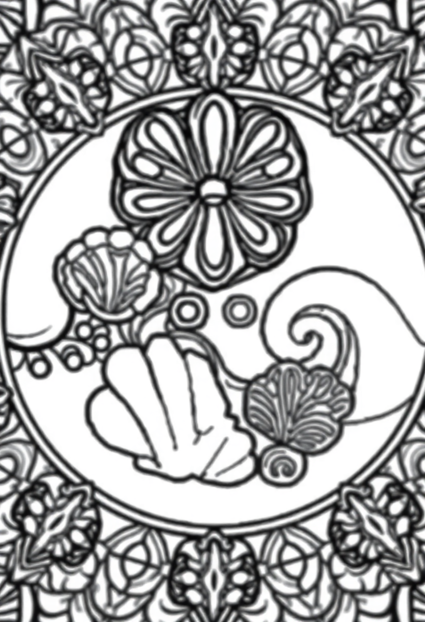 Ocean Waves and Seashells Mandala coloring page for kids