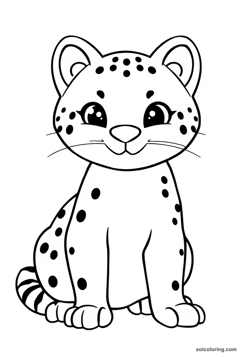 Cute cartoon ocelot coloring page with big eyes, spotted fur pattern, and bold black outlines for kids to color