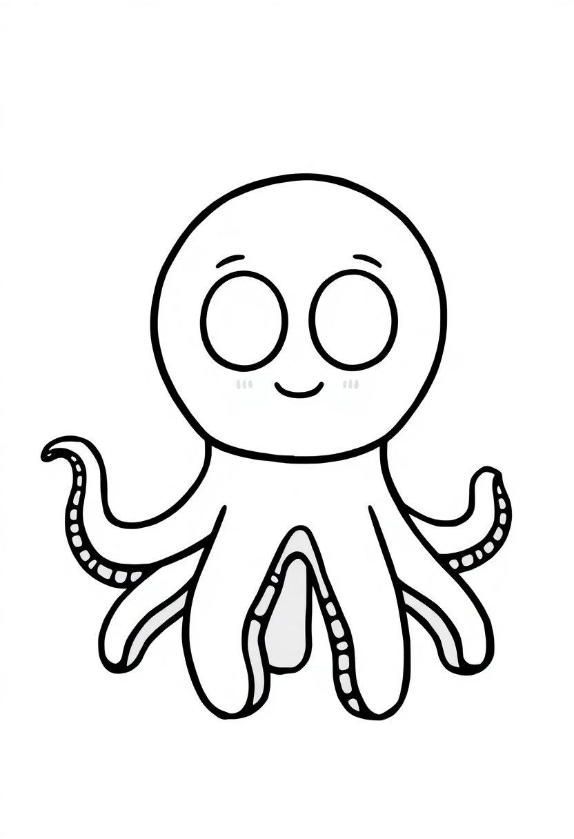 Cute chibi octopus coloring page with big eyes, curvy tentacles, and bold outlines for easy coloring