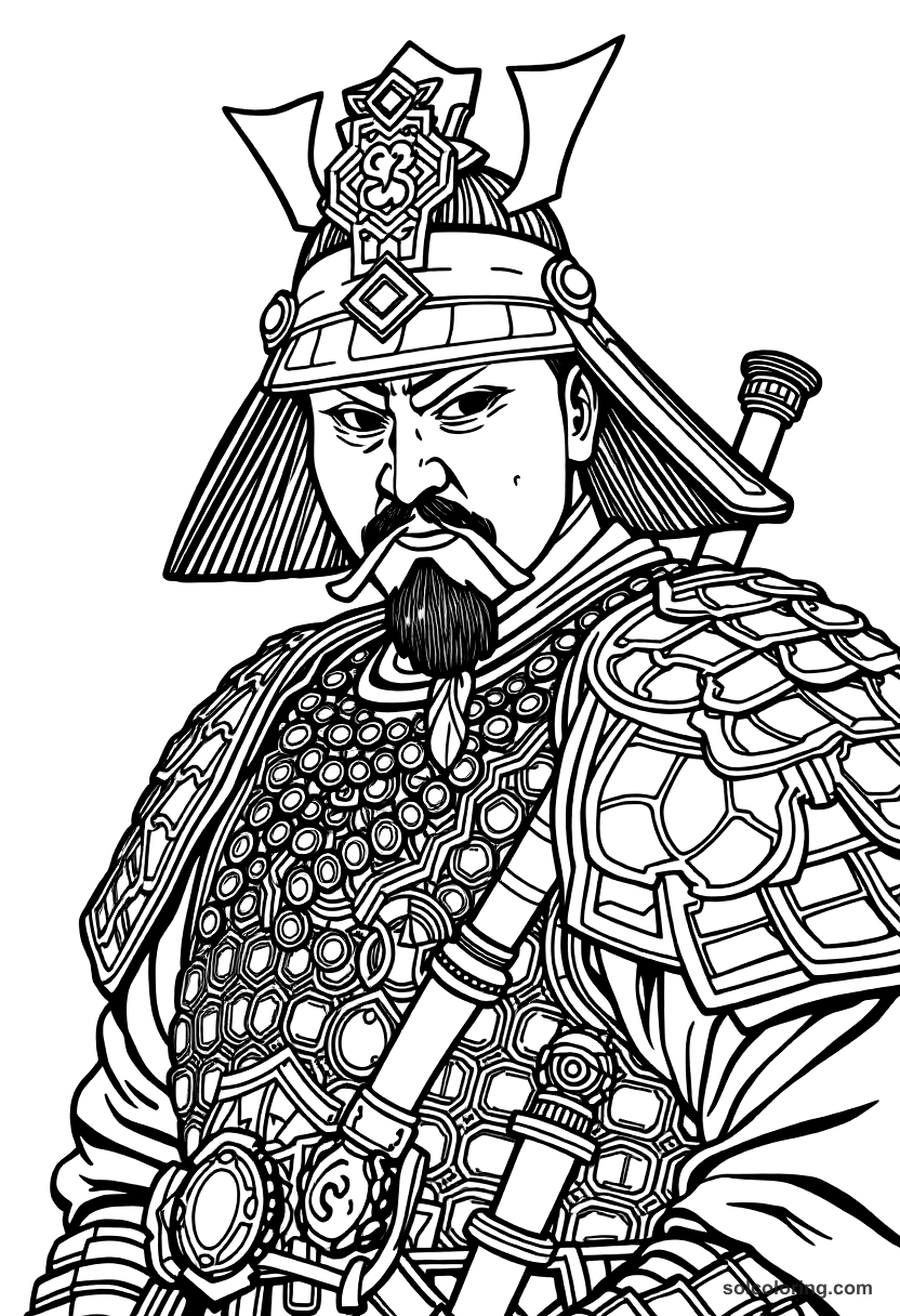 Oda Nobunaga in Battle Armor coloring page, free printable detailed style