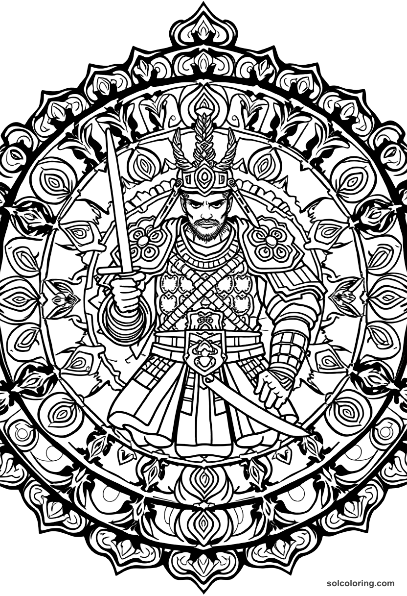 Mandala Oda Nobunaga in Battle Armor coloring page, free printable mandala style
