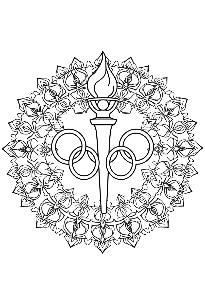 Olympic Rings and Torch coloring page, free printable