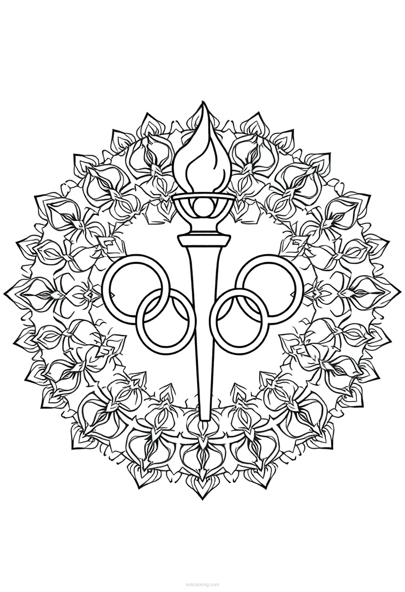 Olympic Rings and Torch coloring page for kids